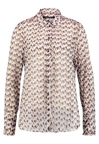 Blusa trasparente a maniche lunghe con un motivo astratto ripetuto in tonalità di marrone su uno sfondo chiaro, con chiusura frontale a bottoni e colletto.