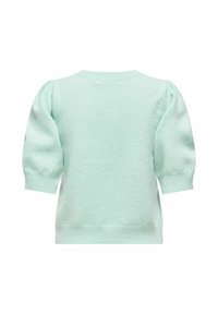 Pull en maille vert menthe clair à manches courtes bouffantes avec poignets et ourlet côtelés, vu de dos.