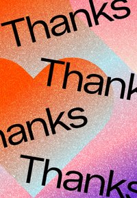 Χρωματιστό φόντο με κλίμακα χρωμάτων πορτοκαλί, ροζ και μωβ, που εμφανίζει μεγάλο, έντονο μαύρο κείμενο "Ευχαριστώ" και σχήμα καρδιάς.