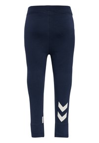 Marine leggings lavet af strækbart materiale med hvide chevron-detaljer på de nederste ben og et blødt elastisk taljebånd.