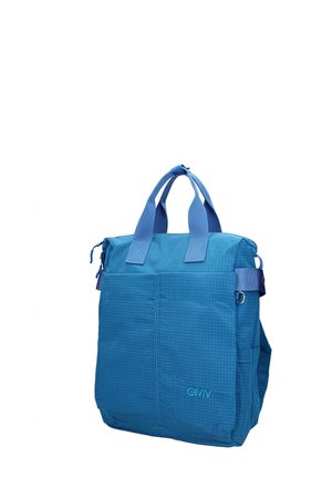 Sac cabas rectangulaire bleu avec double poignée, poches avant et un logo GMV subtil sur tissu texturé.