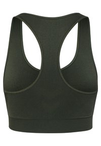 Ciemnozielony stanik sportowy z tyłem w stylu racerback, gładką teksturą i szerokim pasem. Posiada subtelny wzór w zygzak na plecach.