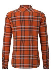 Oranje geruite blouse met lange mouwen en zwart-witte strepen, voorzien van een kraag en knoopmanchetten, gemaakt van lichtgewicht stof.