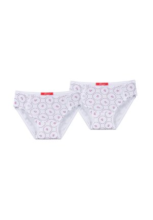 White cotton underwear set featuring a floral pattern in pink, with ruffled accents on the sides and a red brand label at the waistband.