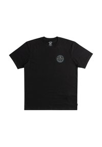 Black cotton t-shirt with a crew neck, short sleeves, and a circular graphic logo on the left chest. Simple design, no patterns or accents.