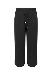 Zwarte katoenen wijde broek met een elastische tailleband, trekkoord met houten accenten en twee zijzakken. Gestructureerde stofafwerking.
