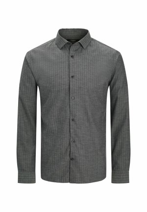 Camicia a maniche lunghe, con bottoni, di colore grigio scuro, caratterizzata da un delicato motivo testurizzato, colletto classico e chiusura con bottoni.