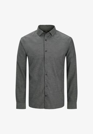 Langärmliges, knöpfbares Hemd in Dunkelgrau mit einem subtilen Texturmuster, klassischem Kragen und Knopfverschluss.