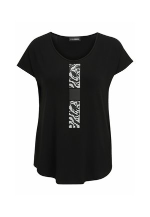 Black short-sleeve women's top with scoop neck and vertical central stripe featuring white and black abstract pattern details.
