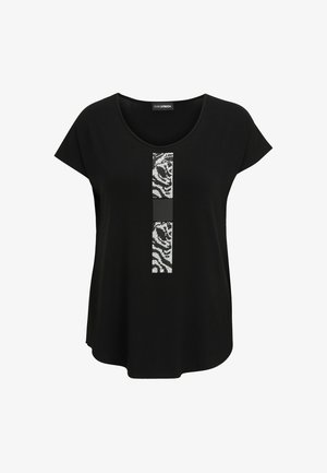 Black short-sleeve women's top with scoop neck and vertical central stripe featuring white and black abstract pattern details.