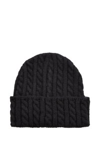 Berretto lavorato a maglia nero con motivo a treccia, con risvolto. Realizzato in morbida lana testurizzata, offre calore e comfort.