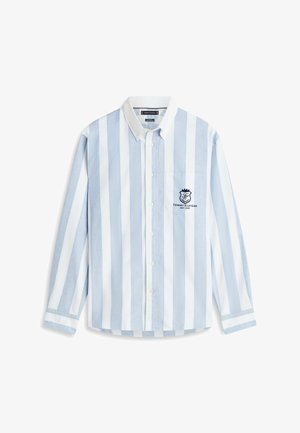 Herenoverhemd met lange mouwen en knopen, uitgevoerd in verticale lichtblauwe en witte strepen, met een witte kraag, borstzak met het Tommy Hilfiger-logo.