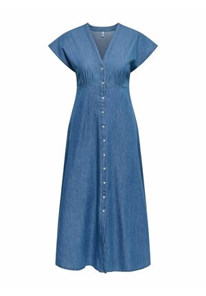 Sinine teksasesest midi-kleit lühikeste varrukatega, V-kaelusega, liibuv vöökoht ja eest kogu pikkuses nööbitav sulgur.