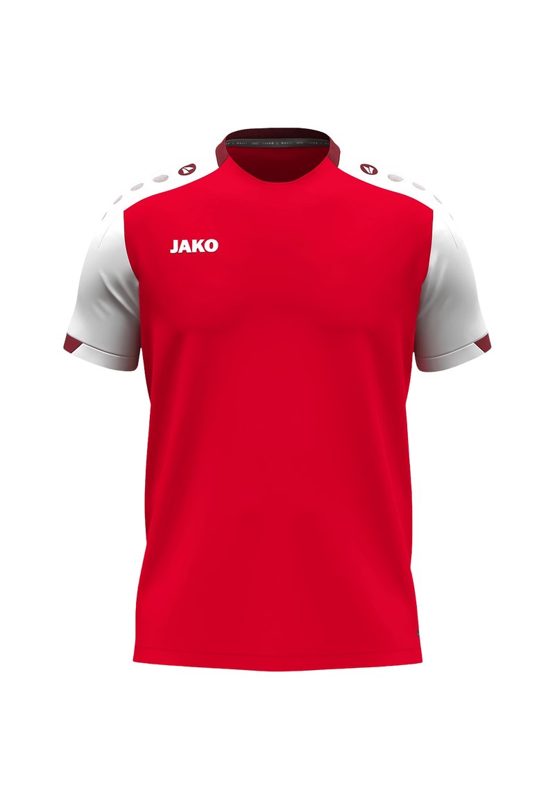 Maglia sportiva rossa con maniche corte bianche, collo rotondo e dettagli a contrasto. Presenta il logo "JAKO" sul davanti e dettagli sportivi sulle spalle.