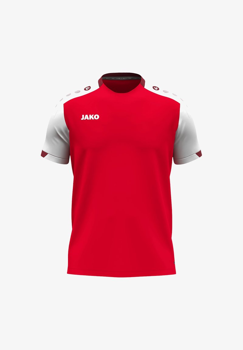 Rode sporttrui met korte witte mouwen, ronde hals en contrasterende accenten. Bevat het logo "JAKO" op de voorkant en sportdetails op de schouders.
