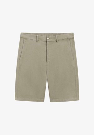 Shorts pour hommes de couleur kaki avec fermeture à bouton et zip, passants pour ceinture, poches latérales et coupe droite.