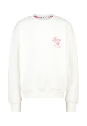Witte sweater met ronde hals, geribde manchetten en zoom, met kleine roze tekst en afbeelding "Cherish Every Moment California" op de linkerborst.