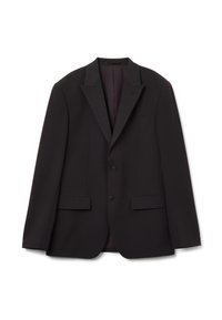 Blazer aderente nero realizzato in tessuto liscio. Caratterizzato da un revers a punta, due tasche frontali e chiusura con due bottoni. Interno foderato.