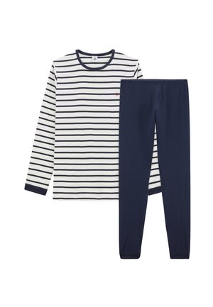 Langärmliges gestreiftes Oberteil in Weiß und Marineblau mit einem runden Halsausschnitt, kombiniert mit marineblauen Leggings. Baumwollmaterial, weiche Textur, lässige Passform.