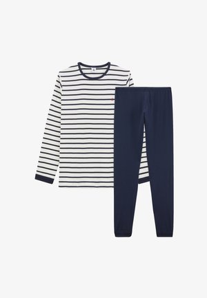 Bluză cu mâneci lungi, dungi, albă și bleumarin, cu guler rotunjit, asortată cu colanți bleumarin. Material din bumbac, textură moale, croială lejeră.