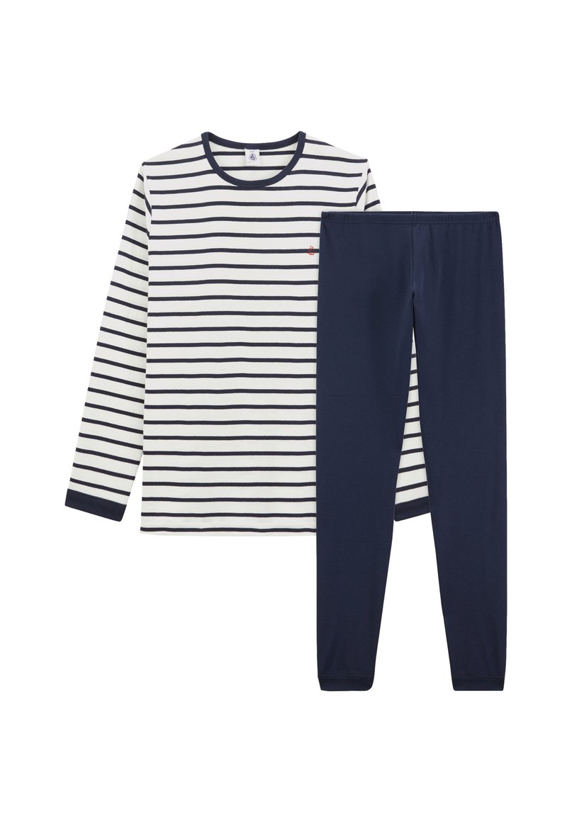 Långärmad randig topp i vitt och marinblått med rundad halsringning, i kombination med marinblå leggings. Bomullsmaterial, mjuk textur, avslappnad passform.