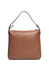 Borsa a tracolla in pelle marrone con texture liscia, forma rettangolare e una singola tracolla regolabile; presenta una chiusura con cerniera superiore.