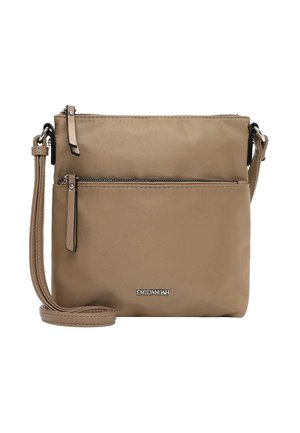 Beige Umhängetasche mit verstellbarem Riemen, zwei Reißverschlussfächern und silbernem "EMILY & NOAH" Logo auf der Vorderseite.