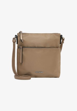 Beige Umhängetasche mit verstellbarem Riemen, zwei Reißverschlussfächern und silbernem "EMILY & NOAH" Logo auf der Vorderseite.