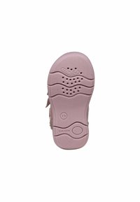 Sole in gomma rosa con scanalature testurizzate, fori di ventilazione e un logo circolare. Presenta la misura numerica "19" sul lato.