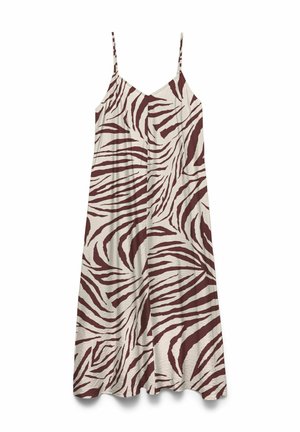 Vestido midi sin mangas con tirantes finos, que presenta un patrón de rayas de cebra en marrón y beige y un ligero escote en V.