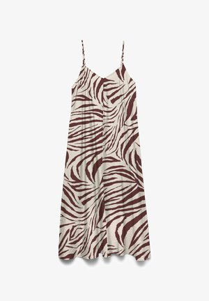 Vestido midi sin mangas con tirantes finos, que presenta un patrón de rayas de cebra en marrón y beige y un ligero escote en V.