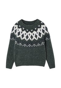 Dunkelgrüner Strickpullover mit rundem Hals und gemusterten weißen und marineblauen Akzenten an den Schultern. Weicher Stoff mit gerippten Bündchen.