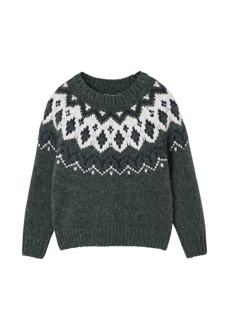 Dunkelgrüner Strickpullover mit rundem Hals und gemusterten weißen und marineblauen Akzenten an den Schultern. Weicher Stoff mit gerippten Bündchen.