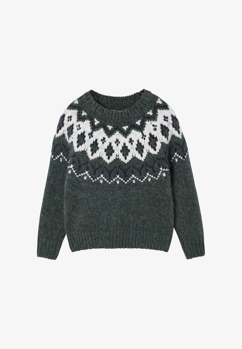 Dunkelgrüner Strickpullover mit rundem Hals und gemusterten weißen und marineblauen Akzenten an den Schultern. Weicher Stoff mit gerippten Bündchen.