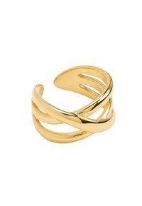 Regulowany pierścionek w kolorze złota o plecionej konstrukcji, z gładkimi, polerowanymi powierzchniami i otwartymi wycięciami dla dodatkowego efektu.