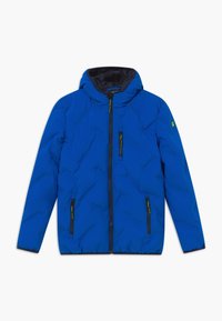 Blauwe gewatteerde jas met een voorrits, twee zijzakken met rits, één borstzak met rits en een zwarte binnenvoering.