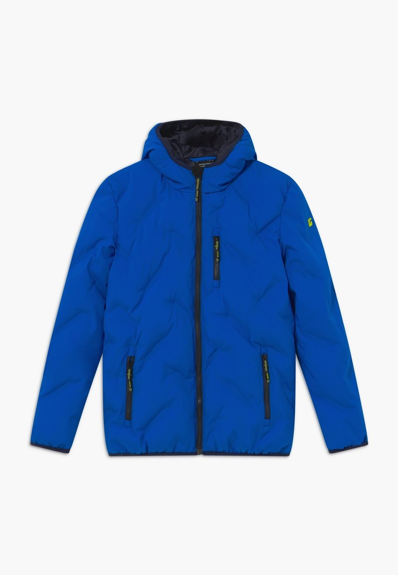 Blauwe gewatteerde jas met een voorrits, twee zijzakken met rits, één borstzak met rits en een zwarte binnenvoering.