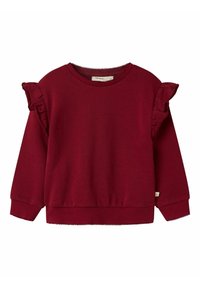 Sudadera burdeos con acentos de volantes en las mangas, cuello redondo y puños acanalados. Material suave con un acabado ligeramente texturizado.