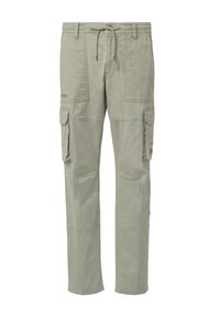 Lichtgrijze cargo broek van katoenen stof, voorzien van meerdere zakken, een verstelbare tailleband en een recht model.