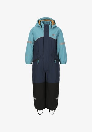 Blauwe en marineblauwe geïsoleerde snow suit met een ritssluiting aan de voorkant, capuchon, ritssluitingen op de zakken en reflecterende accenten. Zwarte onderkant met elastische manchetten.