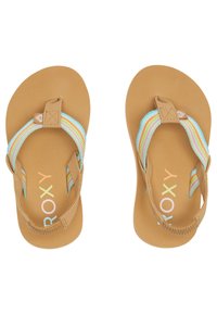 Bruine flip-flops met meerkleurige gestreepte stoffen banden. Geprofileerde zool en een klein logo op de band nabij de teensteun.