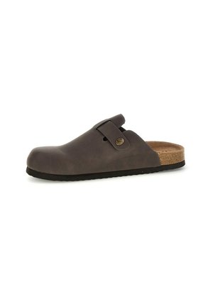 Zoccolo slip-on in pelle marrone con cinturino regolabile e sottopiede in sughero, visto di lato su sfondo bianco.