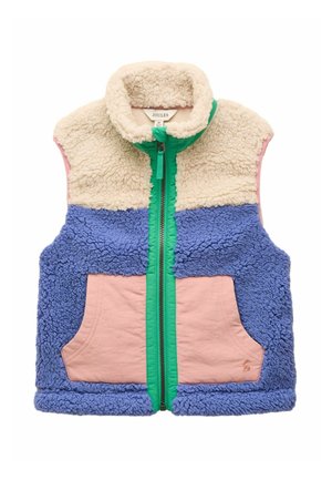 Ärmellose Fleeceweste mit cremefarbenem Oberteil, blauem Mittelteil, pinken Taschen und grünem Reißverschluss, mit hohem Kragen und strukturierter Stoff.