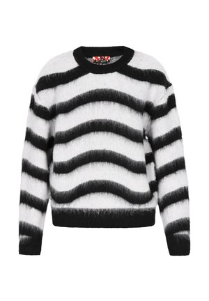 Pulover cu dungi alb-negru, fabricat dintr-un material pufoasă. Are modele ondulate, un guler rotund și manșete și tiv striate.