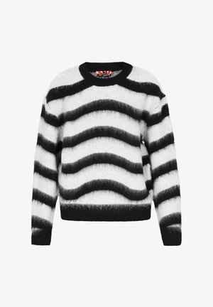 Fekete-fehér csíkos pulóver, bolyhos anyagból. Hullámos mintázattal, kerek nyakkivágással, valamint bordázott mandzsettákkal és aljjal rendelkezik.