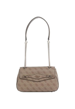 Borsa a tracolla beige con motivo, forma rettangolare, tessuto texturizzato e pattina frontale con chiusura brandizzata.