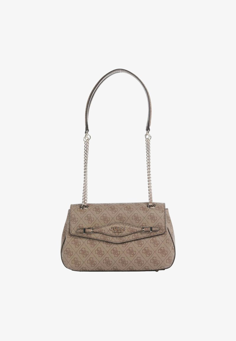 Borsa a tracolla beige con motivo, forma rettangolare, tessuto texturizzato e pattina frontale con chiusura brandizzata.