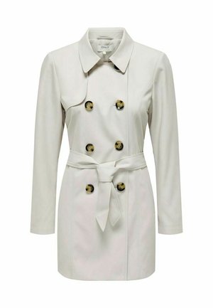 Svijetlosmeđi dvoredni trench kaput s pojasom, gumbima i dugim rukavima. Glatka tekstura s klasičnim dizajnom ovratnika.