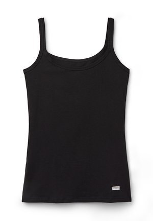 Débardeur noir à fines bretelles, fabriqué à partir d'un tissu doux et extensible. Il présente un col rond et une petite étiquette logo au bas.