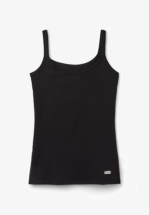 Schwarzes Tanktop mit dünnen Trägern, hergestellt aus weichem, dehnbarem Stoff. Verfügt über einen runden Halsausschnitt und ein kleines Logo-Tag am Saum.